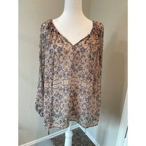 Cabi Pink Multi Print Sheer Tie Front LS Blouse